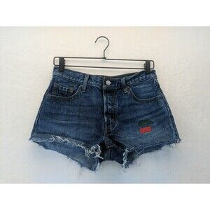 Levis 501 Distressed Cutoff Denim Shorts Cherry Patch Button Fly Size 25
